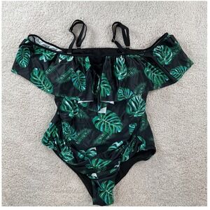 Daci Womens Plus 20W Tropical Monstera Leaf Off Shoulder One Piece Swimsuit NEW